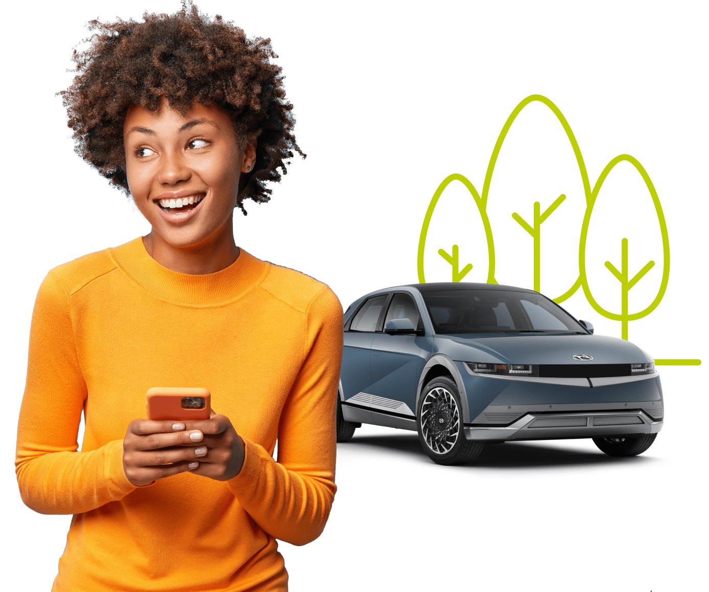 Smiling young black woman in orange sweater uses mobile phone to buy temporary car insurance. Grey Hyundai car in background.